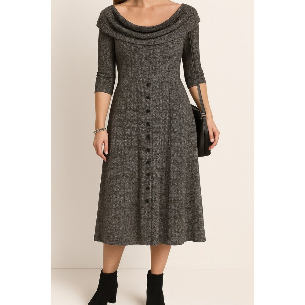 Robbie Bee Size XL Business Casual Lined Gray Textured Cowl Neck Buttoned Dress